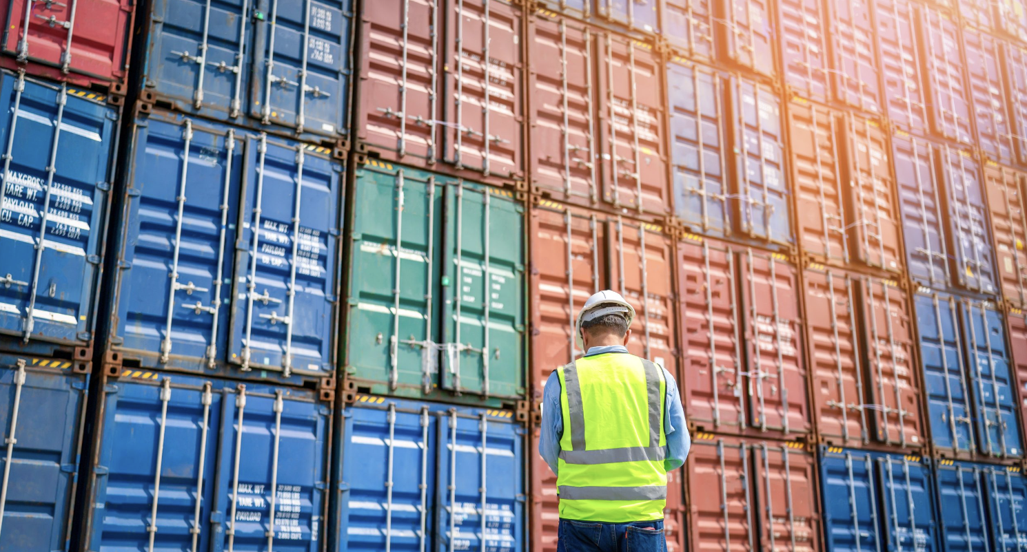Inspector reviewing stacked cargo containers